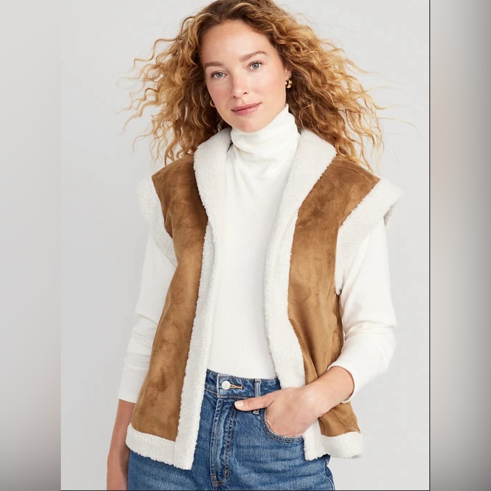 Faux-Suede Sherpa Trim Vest - Size Small